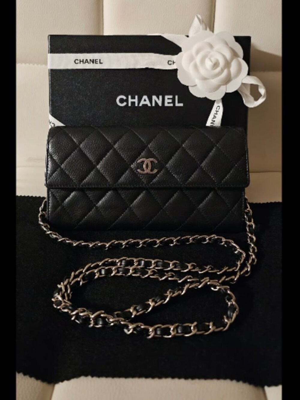 CHANEL Black Quilted Leather Crossbody Wallet with Silver Chain